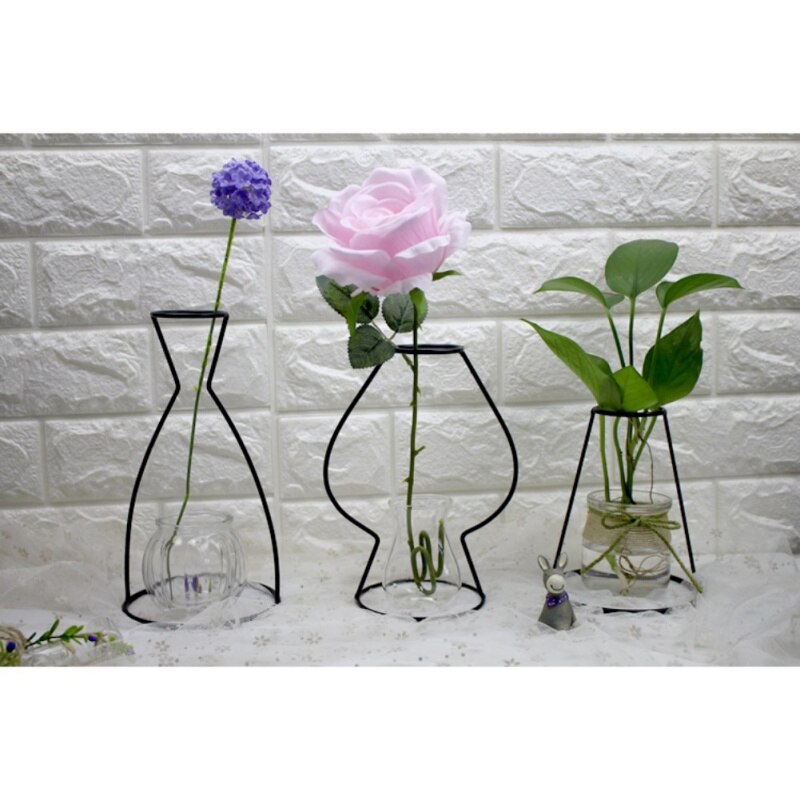Smijern gjennomsiktig vase abstrakte svarte linjer minimalistisk abstrakt jernvase tørket blomstervasestativ ornamenter