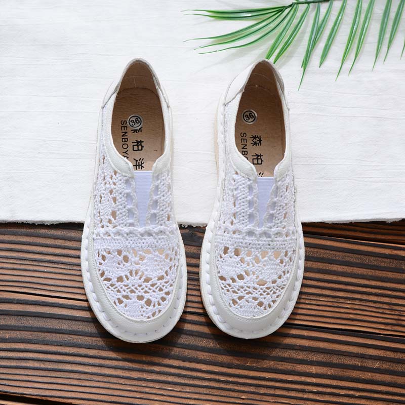 Careaymade-Pure handmade lazy shoes,lace hook Ladies flower casual shoes ,Sweet art comfortable breathable flat shoes,3colors: Ivory / 4