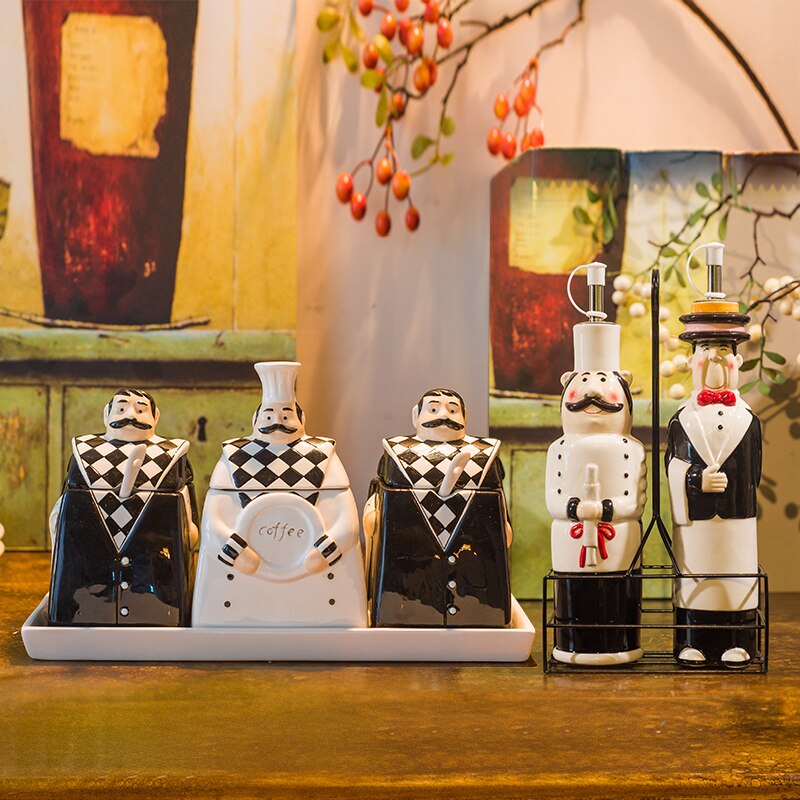 Funny European Ceramic Cartoon Chef Seasoning Jar Salt Sugar Bean Candy Cans MSG Jar with Lid Oil Bottle Kitchen Accessories