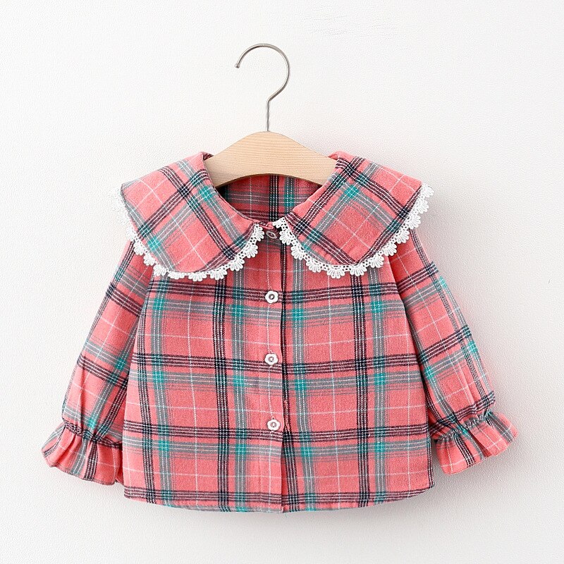 Autumn Baby Girls Lace Collar Plaid Shirt: Pink
