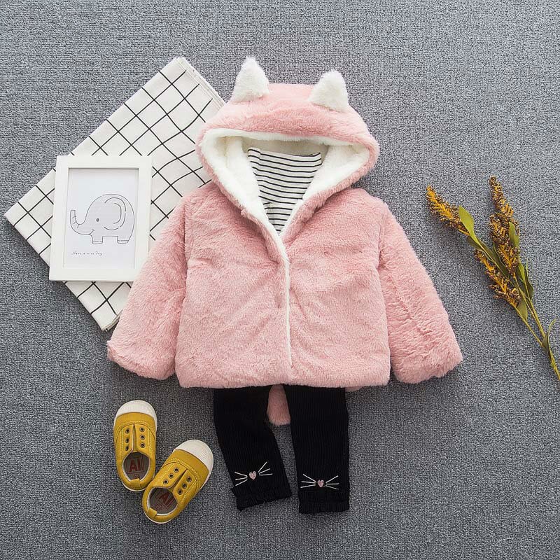 Herfst Winter Baby Jongen Meisje Jas Solid Leuke Oor Capuchon Pluche Warm Uitloper Unisex Kids Baby Kleding