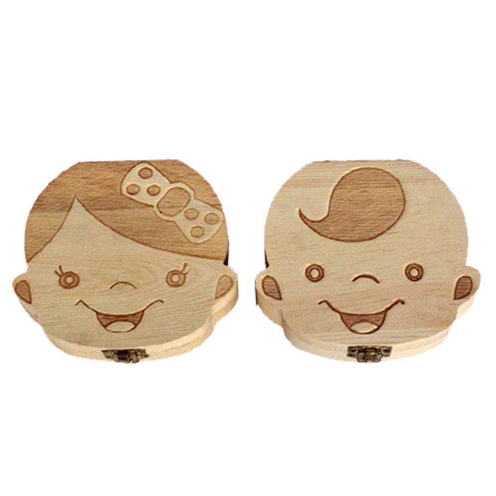 Wood Tooth Box 4 Patterns Baby Kids Tooth Box Storage Baby Milk Teeth Collect Organizer Spanish English French Russian Case