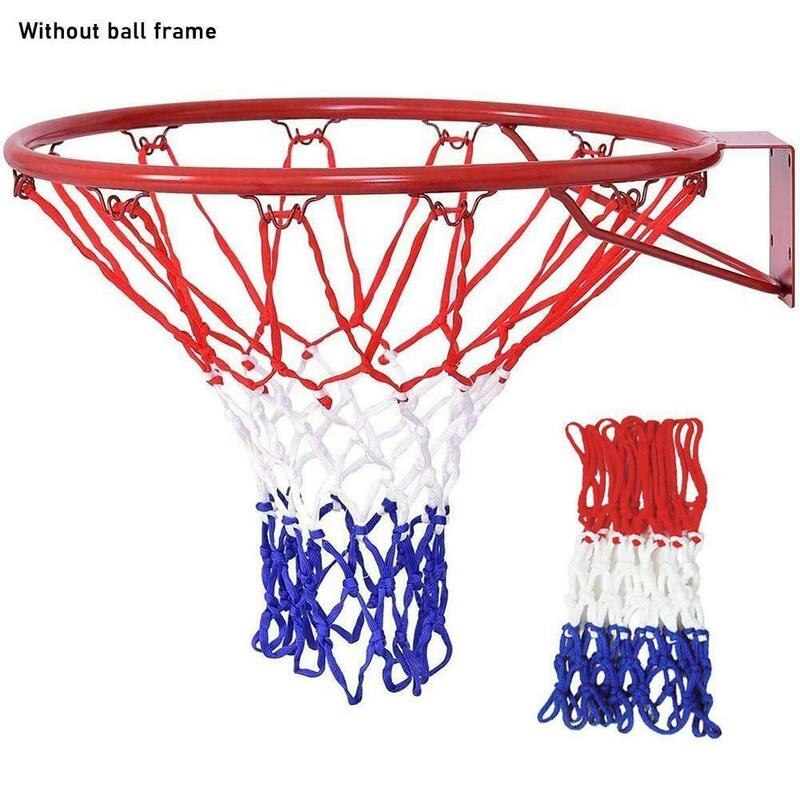 Standard-nylon-basketballnetz, basketballkorb, netzrückwand, ballpumpe, 12 schlaufen, weiß, rot, blau