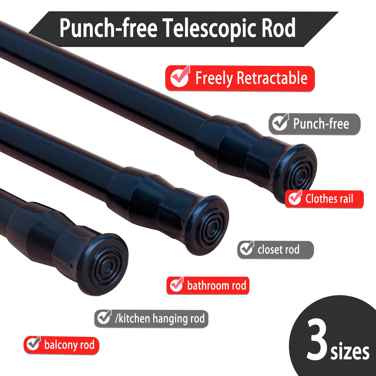 Punch-free Telescopic Spring Tension Rod Metal Rod Hanger Pole Extendable Room Divider for Bathtub Shower Stall Window Wardrobe