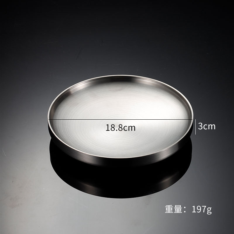 Plato de cena redondo de acero inoxidable grueso, platos de postre occidentales, bandeja de doble capa, mesa de comedor antiquemaduras, decoración del hogar: Plata
