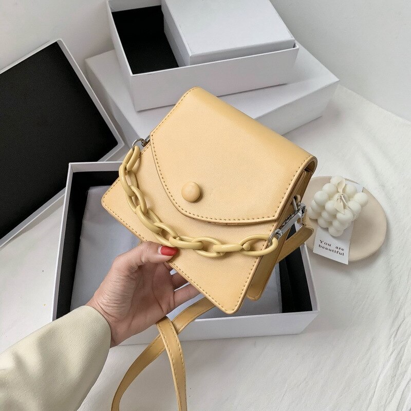 Effen Kleur Dikke Ketting Kleine Pu Lederen Crossbody Tassen Voor Vrouwen Zomer Schouder Cross Body Bag Dames Handtassen: YELLOW