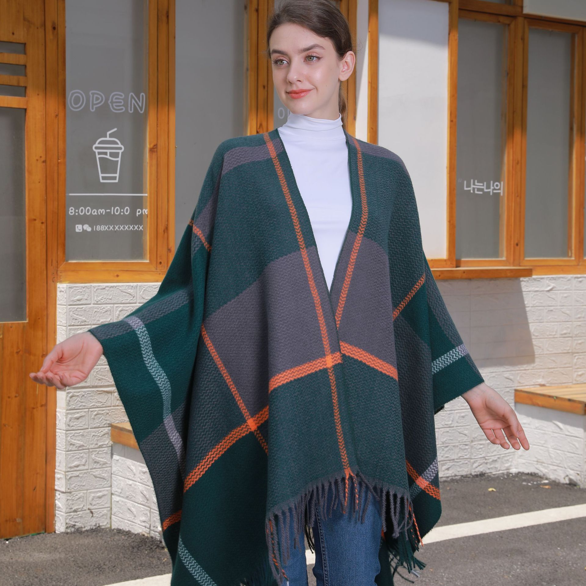 Autumn Winter Warm Tassel Cardigan Poncho Cape Blanket Women Knitted Jacquard Striped Outerwear Shawl Cloak