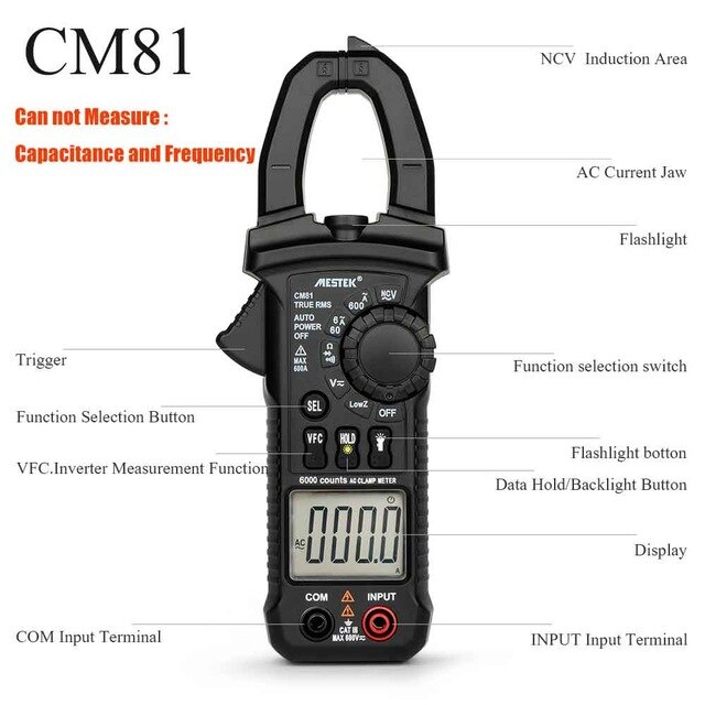 6000 Counts True RMS Digital Clamp Meter AC Current AC/DC Voltage Resistance Tester Measuring Tools VFC Capacitance Multimeter: CM81