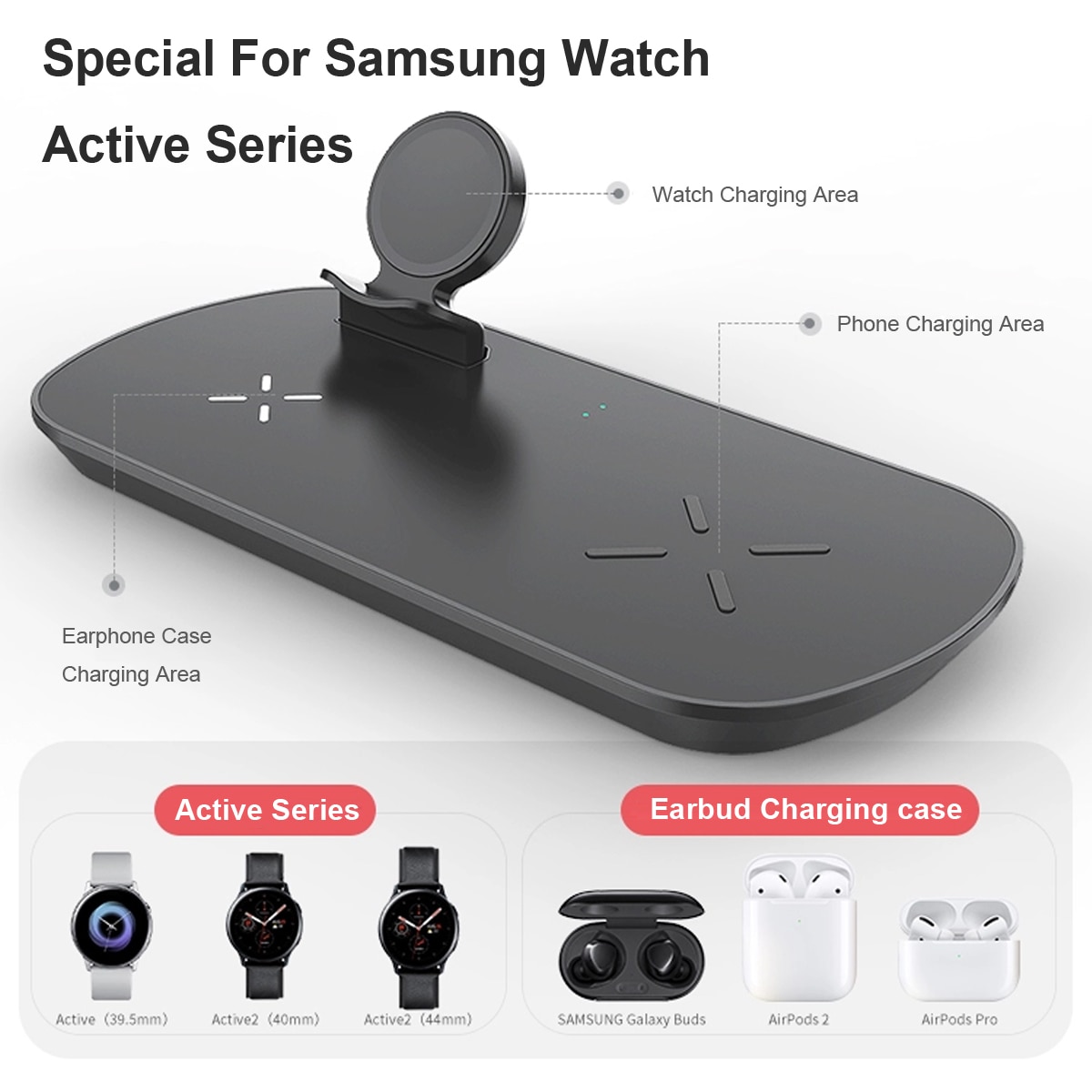 3 IN 1 Wireless Charging Station For Samsung Watch Active 1,2, Samsung Buds: 3in1