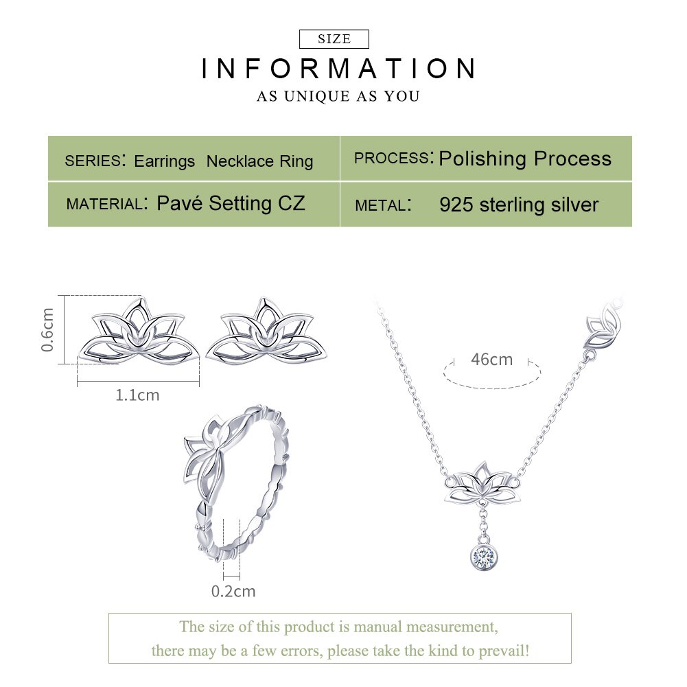 BISAER Real 925 Sterling Silver Lotus Flower Earrings Ring Necklaces Women Jewelry Sets for Women Sterling Silver Jewelry WES067