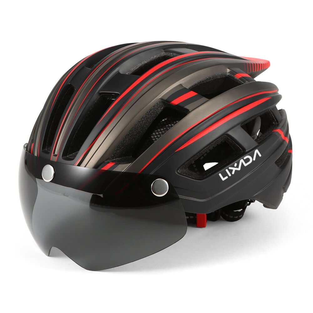 Lixada mountainbikehelm, motorhelm met achterlicht, afneembaar magnetisch vizier, uv-beschermend voor mannen en vrouwen.: Rood en grijs