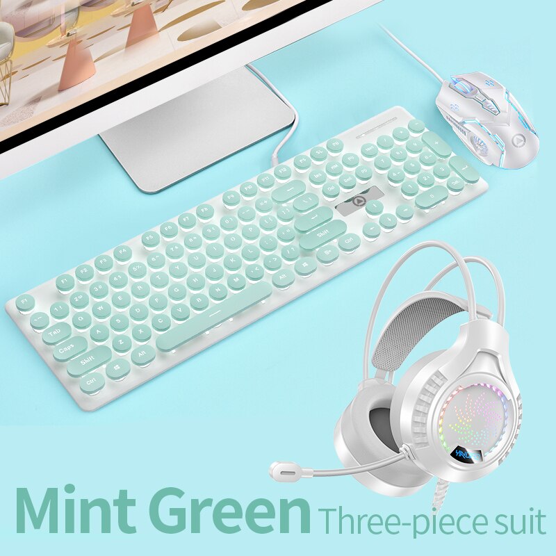 Punk Backlit Gaming Keyboard and Mouse Mechanical Feel Round Keycaps USB Wired Cherry Pink Keyboard Mouse Headphone for PC Gamer: SMT3C517Green3in1