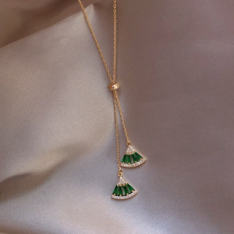 Venda quente zircão verde cristal fã-em forma de colar geométrico pingente colar elegante festa senhoras colar jóias para mulher