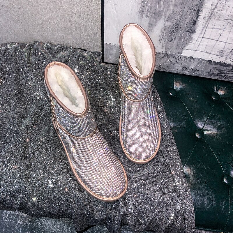 Botas de nieve con cristales brillantes para mujer, botines con cuentas plateadas, con plataforma acolchada de felpa, talla grande 34-43, NS69, Invierno