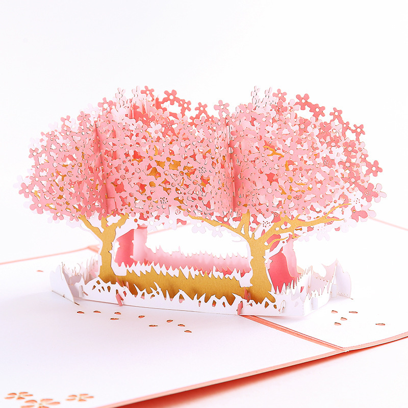 3D Cherry Tree Shape Pop Up Greeting Cards For Valentine's Day Year Mother's Day Birthday Girlfriends With Envelope: Pink
