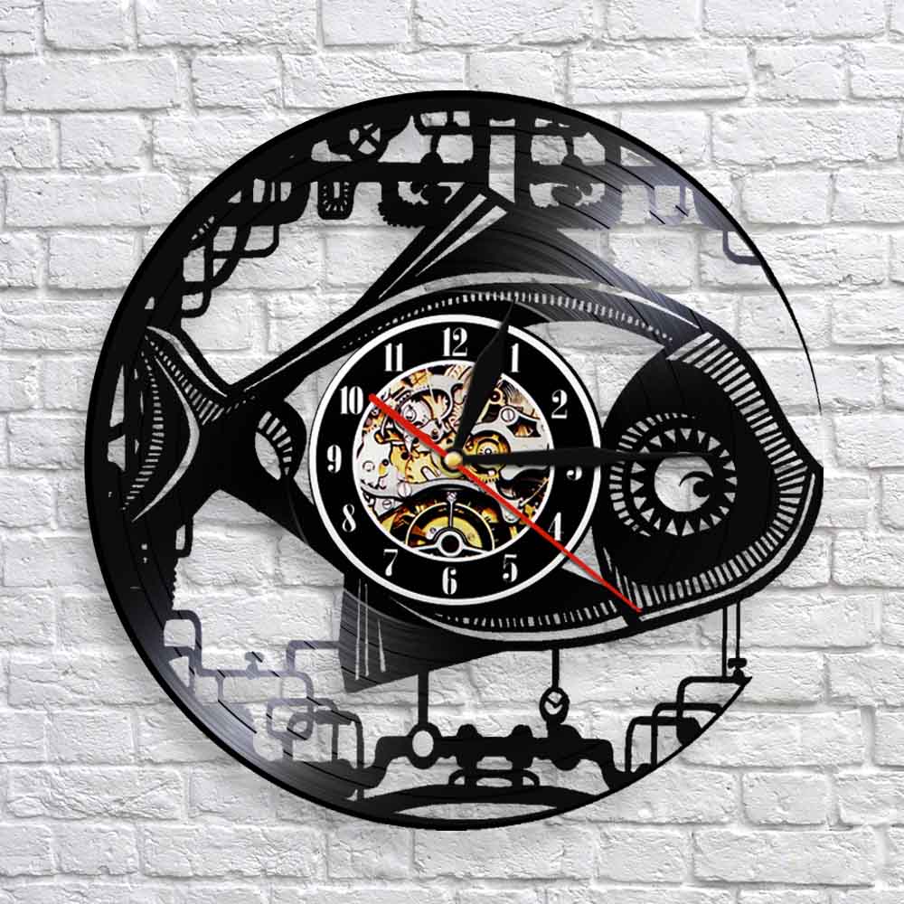 Jahrgang Steampunk Roboter Fisch Wanduhr Mechanische Fisch Schallplatte LP Uhr Handgemachte Moderne Zauberstab Kunst Getriebe Fisch Uhr: Nein LED