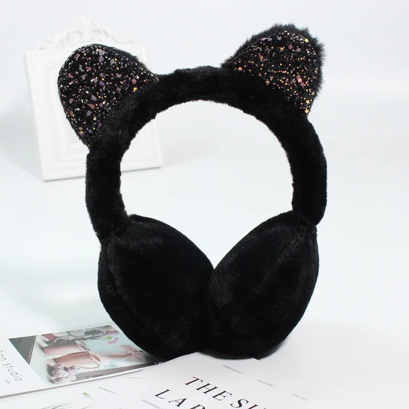 Soft Plush Cute Cat Ear Earmuffs for Women Kids Outdoor Winter Warm Thickened Ear Protector Cold Protection Folding Ear Cover: black
