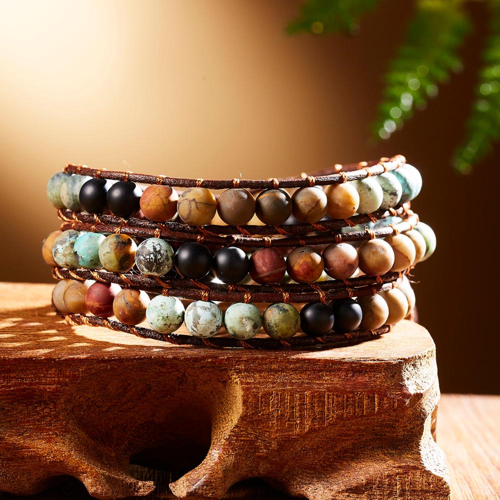 Pulsera de envoltura de cuerda de 3 capas para mujer piedra mate bohemio hecho a mano multicapa Mala cuentas de cuero joyería mujer