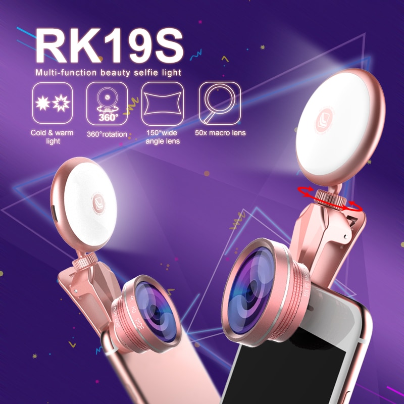 RK19S LED Selfie Flash Licht Vullen Licht Warm &amp; Koud Lampen Met Brede Hoeken Fisheye Marcro Lens 360 Rotatie Voor iPhone Huawei Vivo