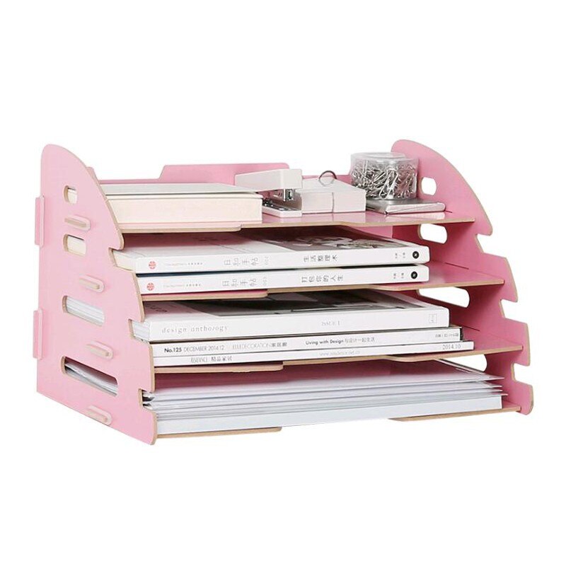 DIY Wood Hand Made Desk Organizer Office School Supplies Desk Accessories Organizer 4 Layers File Tray Book Holder
