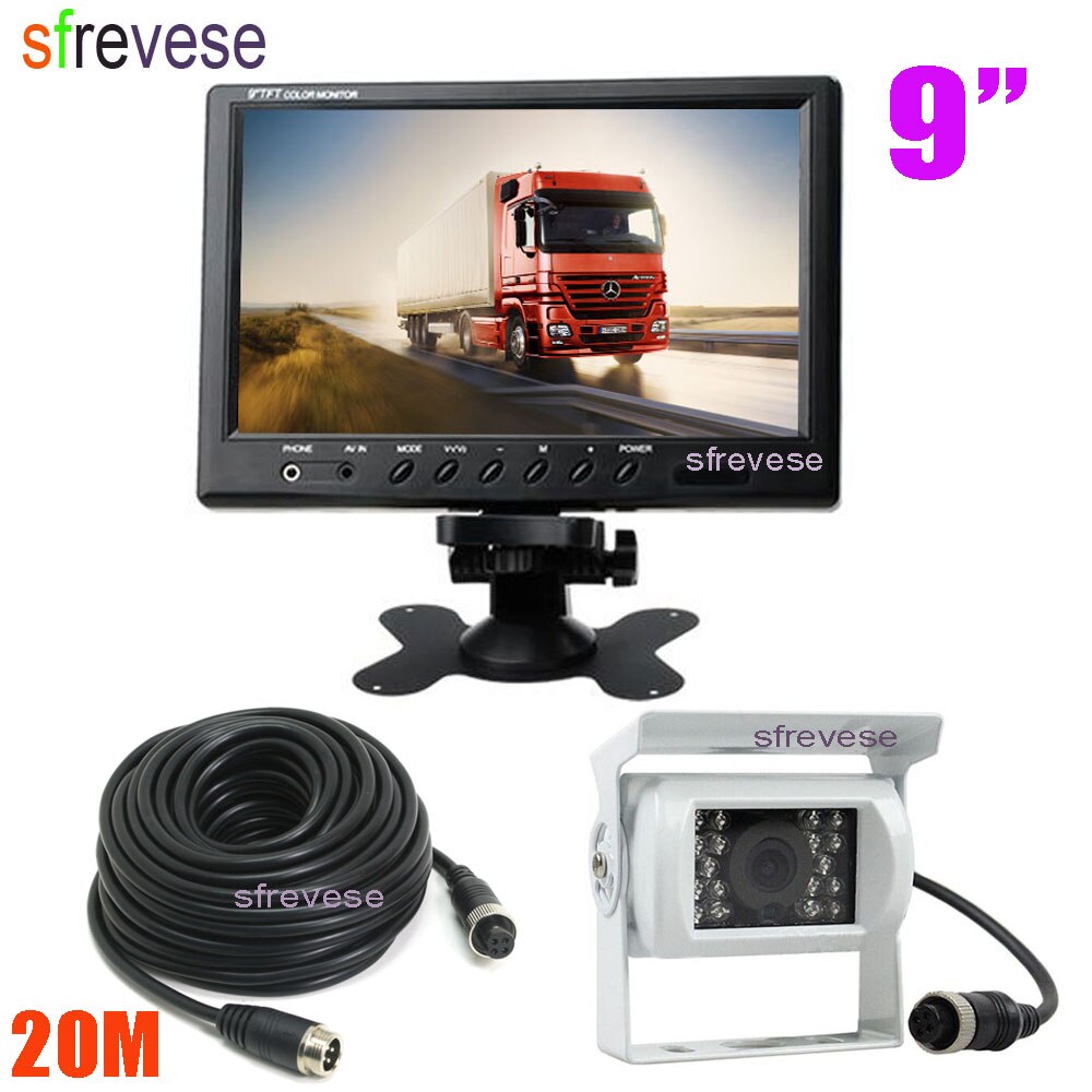 9" TFT LCD Rear View Monitor + Waterproof 4Pin 18 LED Reversing Parking Backup Camera Kit Free 20M cable for Bus Truck Motorhome