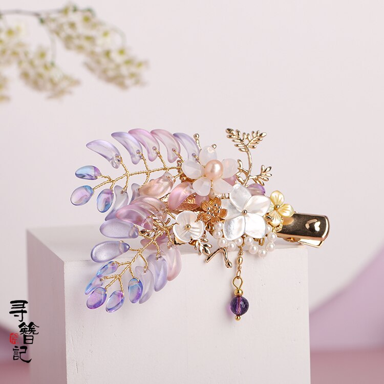Handmade Wisteria flower Hair Clip Kanzashi Hair accessories Hanfu headdress Ancient style Pearl Hairpin Gradient Duckbill clip