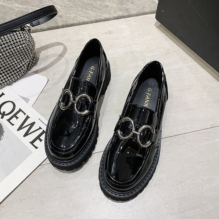 Zapatos Oxford con hebilla de Metal para mujer, zapatos de mujer de piel sólida, tacones medios cuadrados, zapatos informales de punta redonda, zapatos planos de talla grande: 5