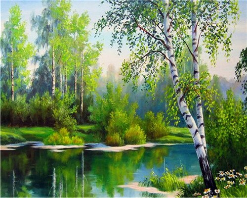 Azqsd kleuren op nummer natuur landschap acryl afbeeldingen olieverfschilderij op nummer meer schilderpakketten woondecoratie: Szyg 3019