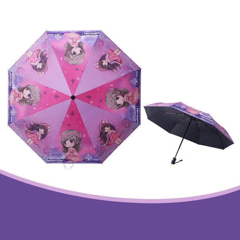 Cartoons Three Folding Kids Umbrella Automatic School Girls Boys Rain And Sunshade Umbrella for Children: Purple