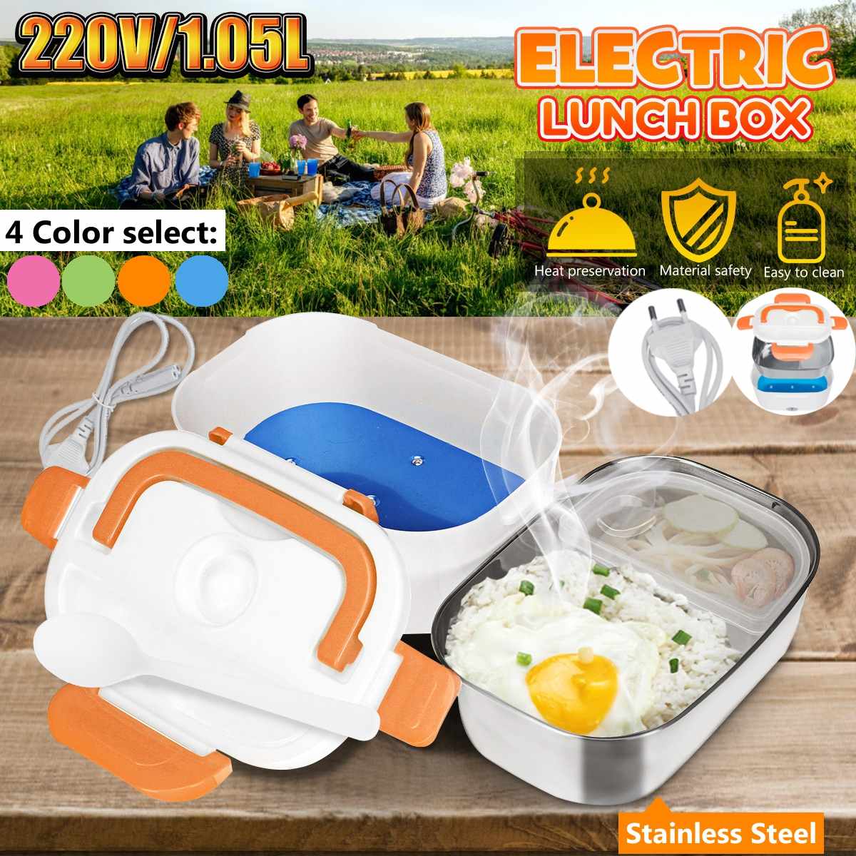 12V 110V 220V Electric Heated Lunch Box Food Warmer Container Thermostat Stainless Steel Rice Cooker Dinnerware Set For Car Home