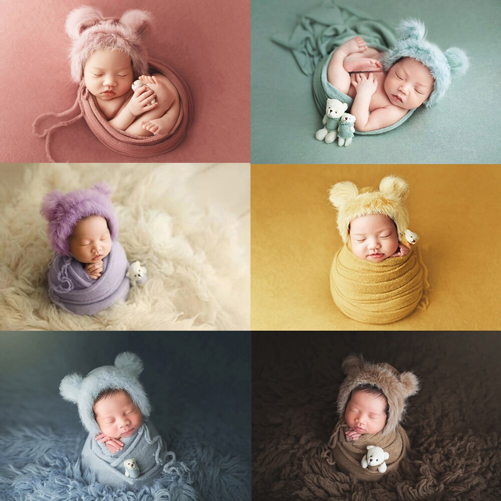 3 Stks/set Pasgeboren Photo Props Infant Fotografie Wraps Gebreide Baby Jongens Meisjes Faux Fur Hoed Sterke Stretch Deken Poseren Schieten