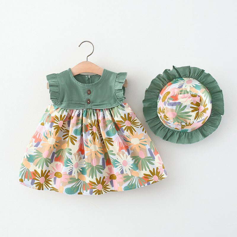 2022 vestito estivo per bambina con cappello a secchiello abiti da spiaggia floreali in cotone vestiti per bambina vestito estivo per bambini: Green / 100
