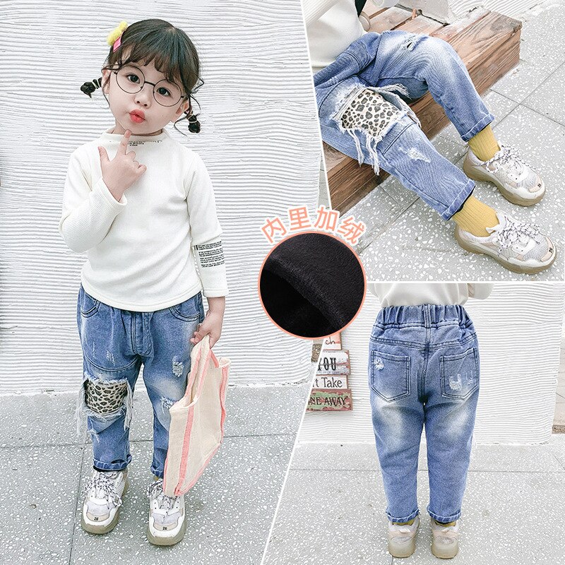 Jeans Voor Kinderen Luipaard Jeans Met Gaten Broek Voor Jongen Broek Voor Meisjes School Broek Baby Meisje Jeans 3-8T Denim Meisjes