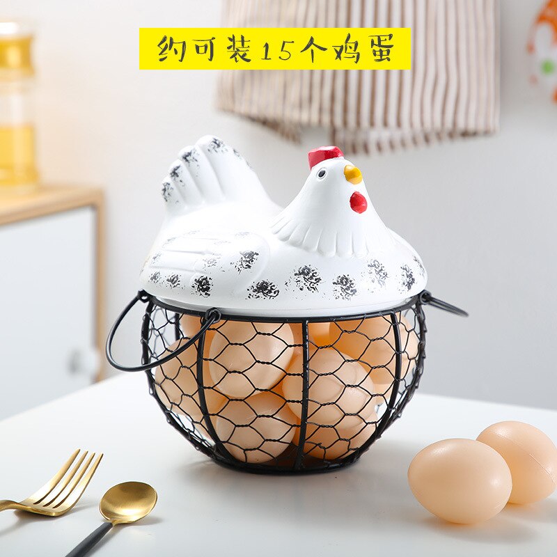 Ceramic Egg Holder Chicken Wire Egg Basket Fruit Basket Collection Ceramic Hen Oraments Decoration Kitchen Storage 19CMX22CM: White / L size --25 eggs