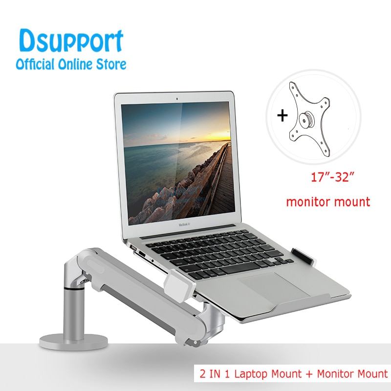 OZ-1S Aluminum 2 in 1 Mount 12-17 inch Laptop Holder + 17-32 inch Monitor Holder Gas Strut Arm Desktop Support Bracket Load 8kgs