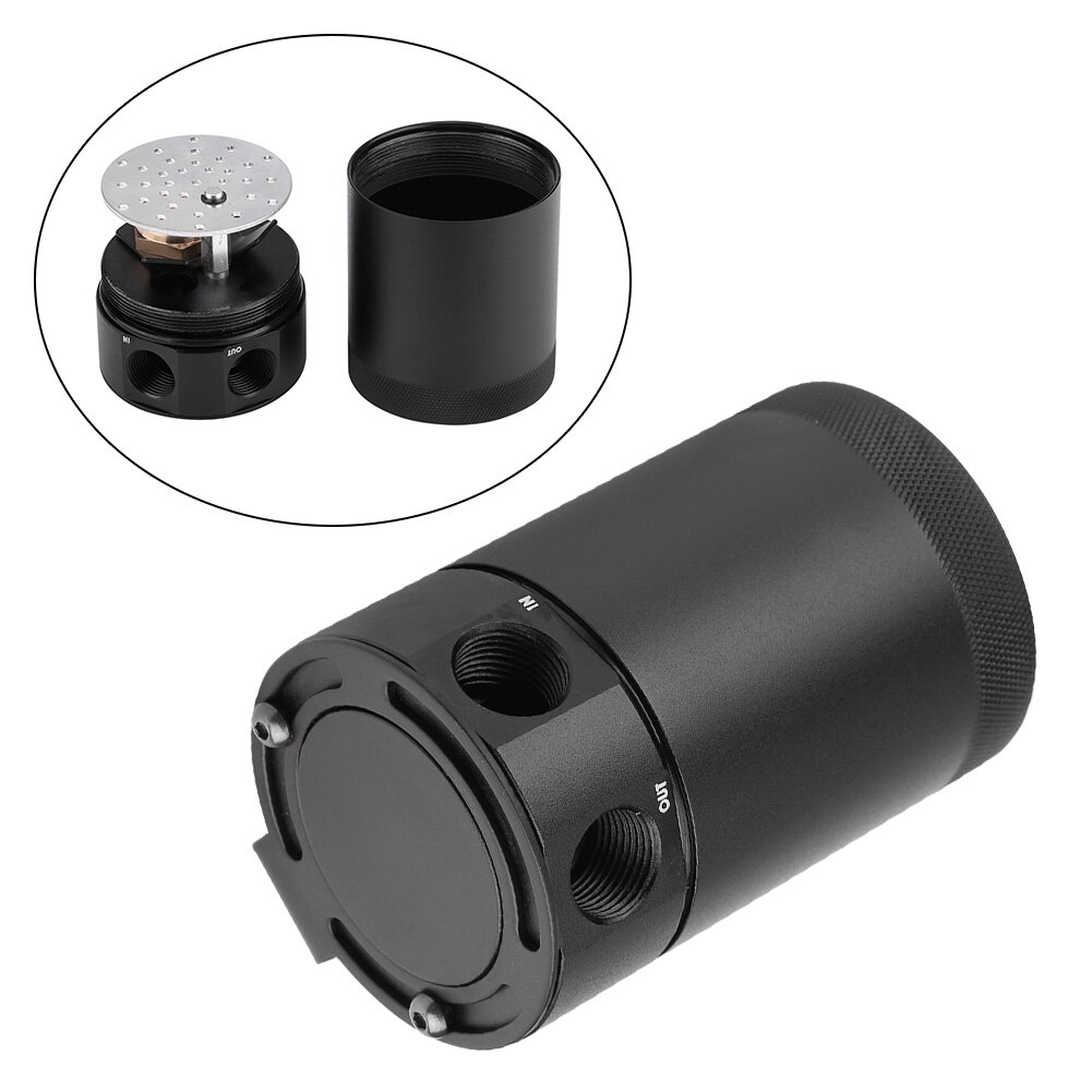 Universal Compact Baffled 2-Port sealed Oil Catch Can Tank Breather Reservoir Includes 2 plastic barbed 1/2 inch hose fittings