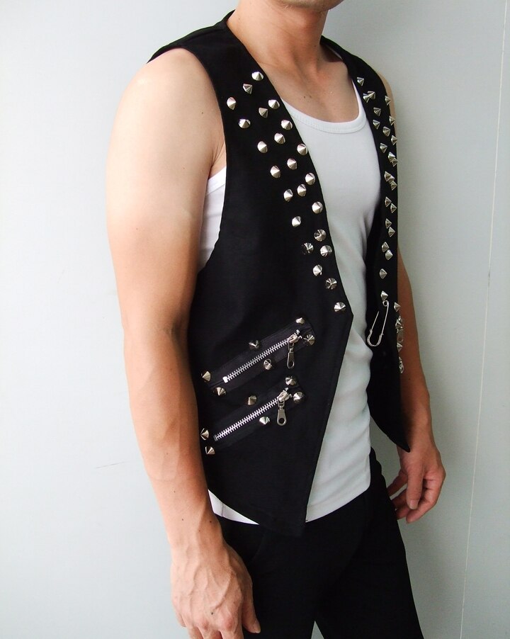 Men's Punk Vest Slim Nightclub Rock Stud Spike Zipper Dj Waistcoat Rivet Lapel Collar Sleeveless Slim Fit