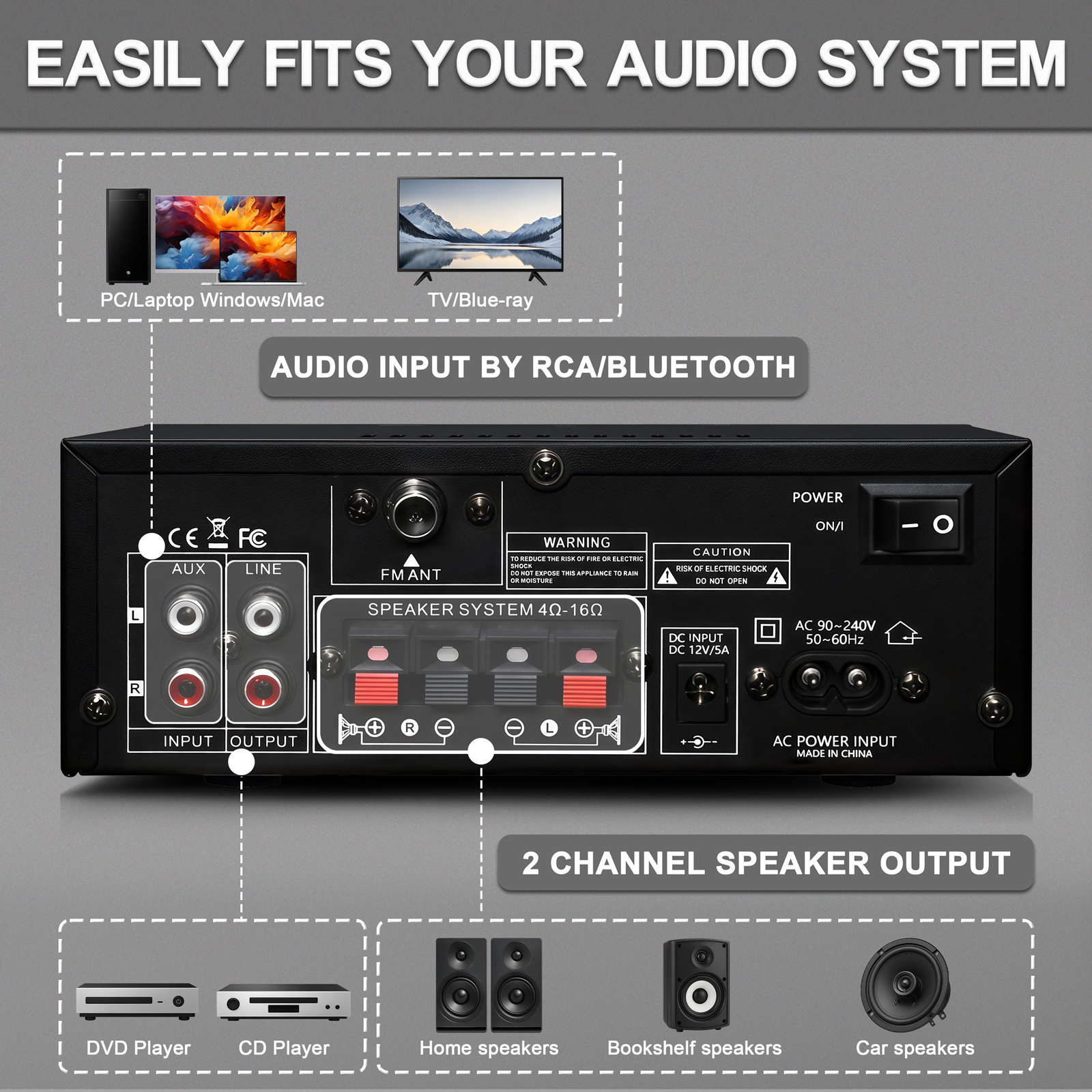 WOOPKER 60W * 2 Amplificatore audio AK50 HiFi Digitale Bluetooth Amplificatore di potenza Canale 2.0 FM USB AUX Amplificatore audio per Home Car Karaoke
