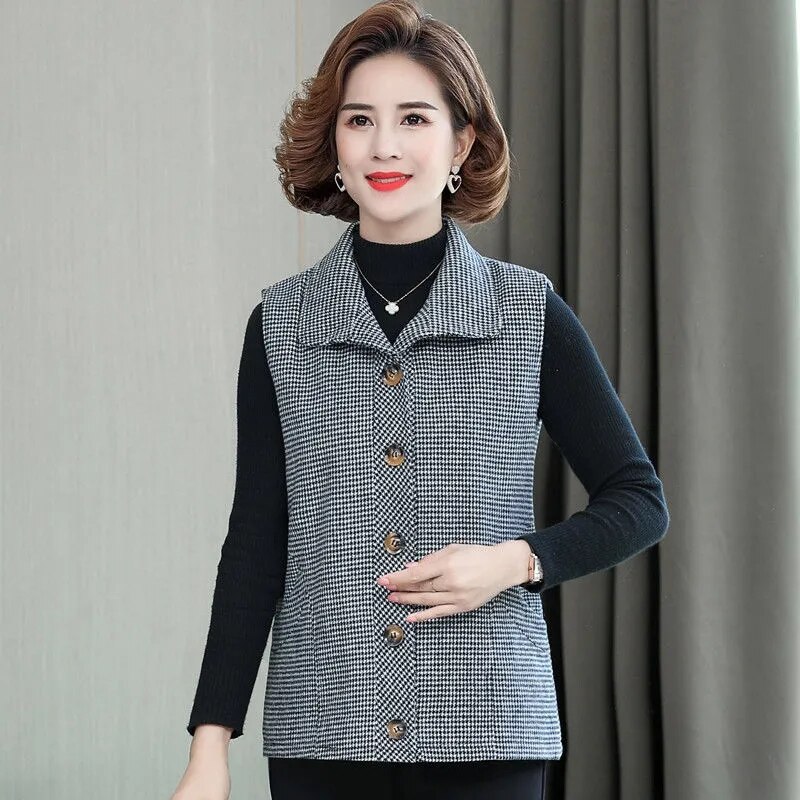 Gilet sans manches à carreaux pour femmes, veste courte, à la , pour mère d&#39;âge moyen et âgée, 5XL, printemps automne 2022: grey / XXL
