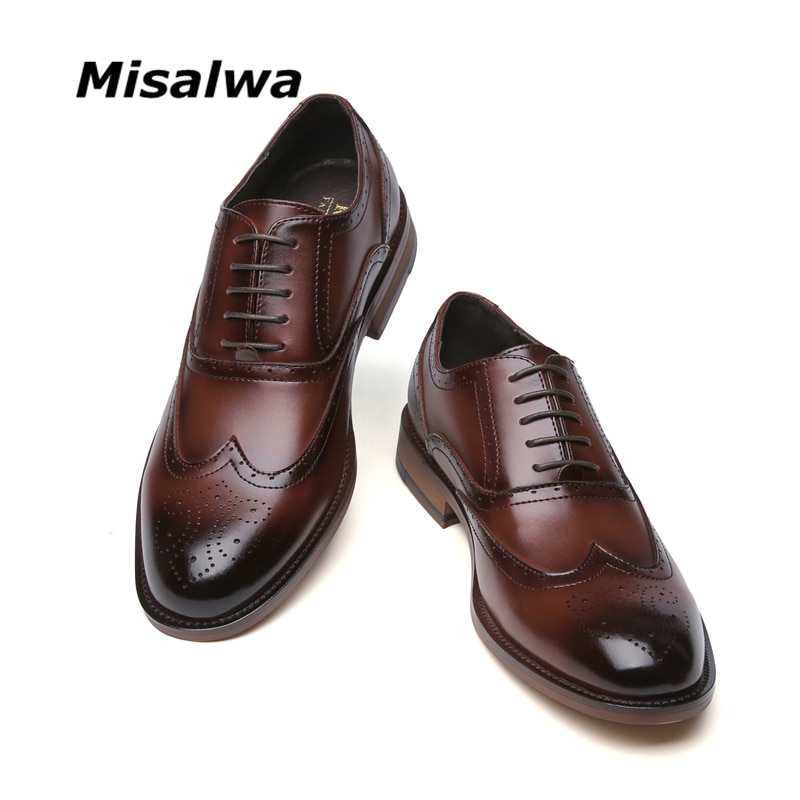 Misalwa full brogue gentleman klänning skor spetsiga snörning kontor företag bröllop kostym skor retro bruna pu läder skor