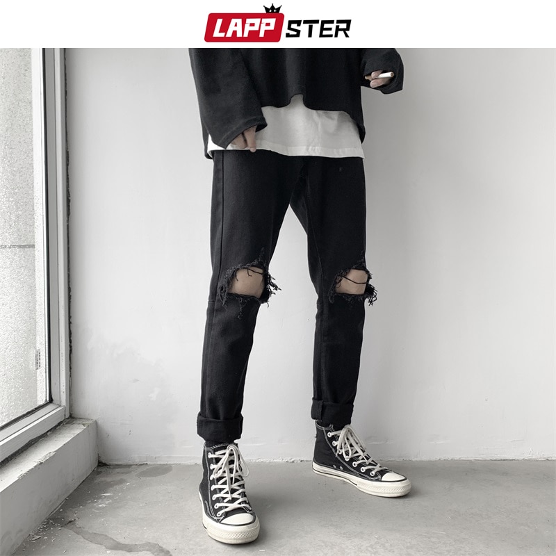 LAPPSTER Men Hip Hop Black Ripped Jeans Male Korean Streetwear Skinny Denim Pants Male Fashions High Waist Distressed Jeans