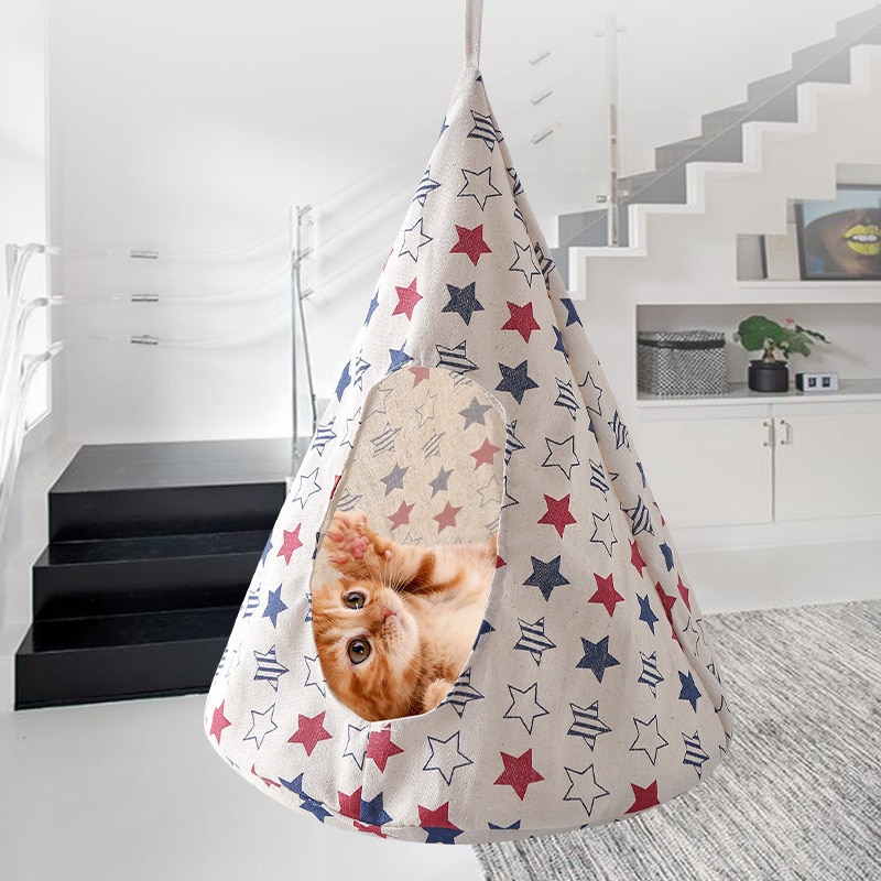 Hamaca desmontable para gatos, casa suave, plegable, duradera, cónica, lavable, juguetes para mascotas, suministros para juego, tienda de lino colgante para dormir