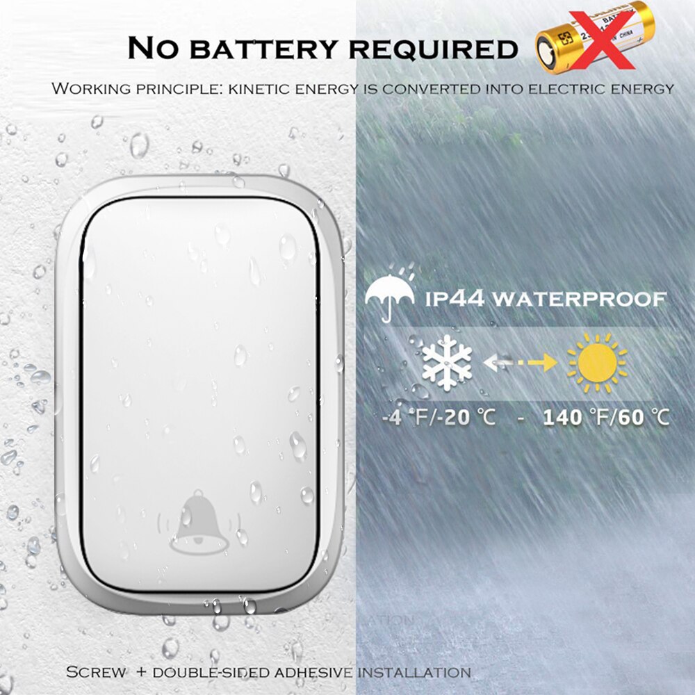 WEMEDA No Battery Wireless Doorbell Self-powered Waterproof 1 Button 4 Receiver Home Call Ring Bell 60 Chimes 5 Volume 0-110DB