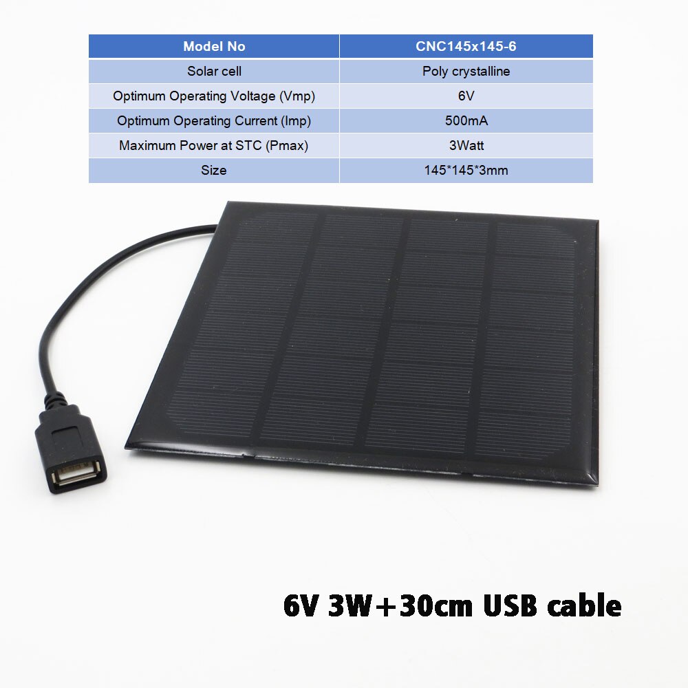 Aurinkopaneelin laturi 6v aurinkokenno monikiteinen diy aurinkolatausakkukaapeli 5v usb -ulostulon aurinkopaneeli 6 vdc 2 3 5 6 10 20 w: U6 v 3w