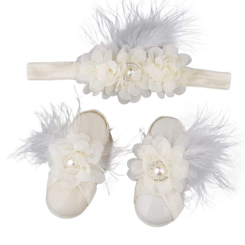 Baby Meisjes Bloem Sandaal Hoofdband Elastische Haarband & Peuter Barefoot Sandalen 1 Paar Baby Photo Prop Set: 2