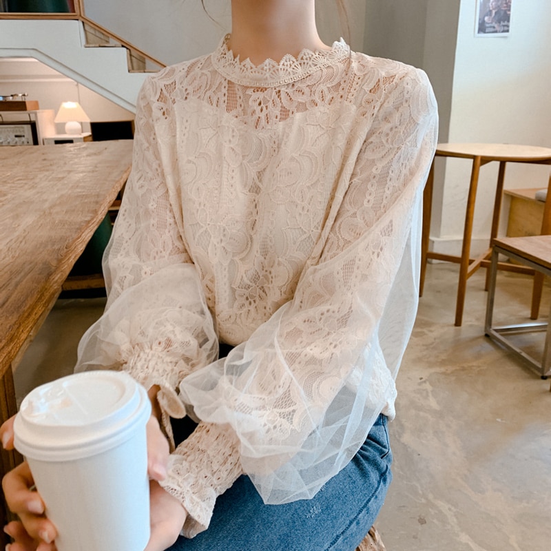 Dingaozlz dames kanten blouse korea stiksels mesh tops lantaarnmouwen wit chiffon shirt blusa