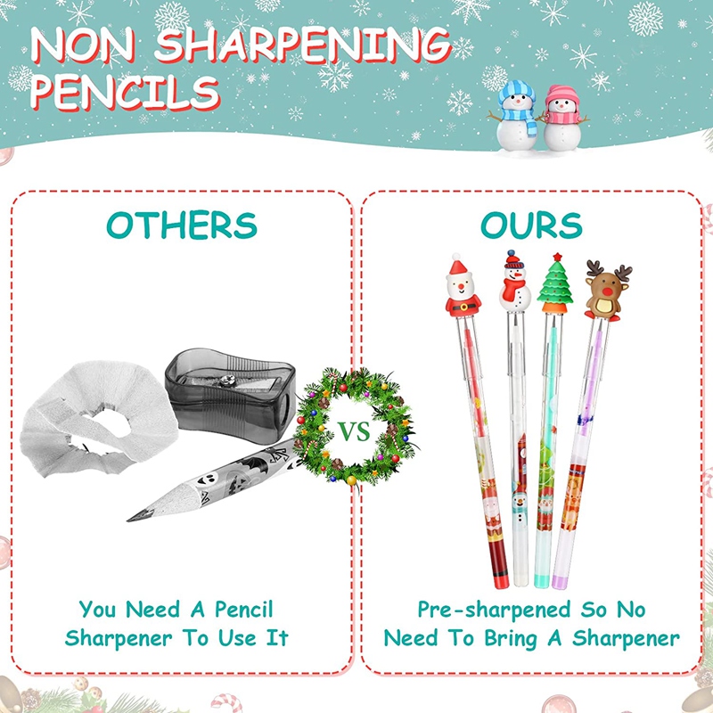 Christmas Pencils Multi Point Stackable Push Pencil with Santa Claus, Christmas Tree, Snowman, Elk for Kids (56Pcs)