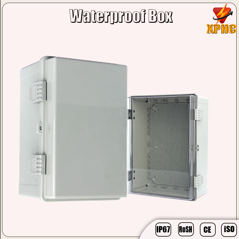 Caja de sellado electrónico impermeable para exteriores, carcasas ABS de distribución de cubierta gris/transparente IP66 con hebilla, caja de conexiones de plástico