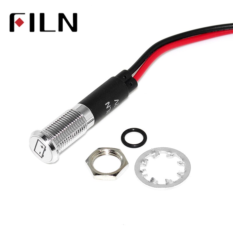Filn 8mm varning dashb röd gul vit blå grön 12v led indikatorlampa med 20cm kabel med symbol