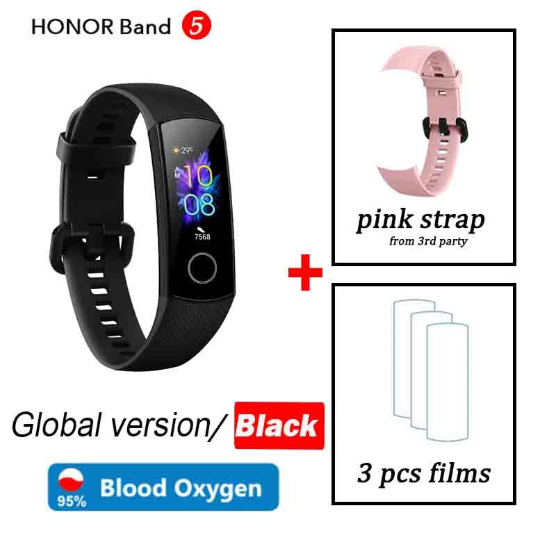 Honor band 5 wereldwijde versie smartband amoled hartslag fitness slaap zwemmen sport bloedzuurstofmeter: Zwart wereldwijd roze